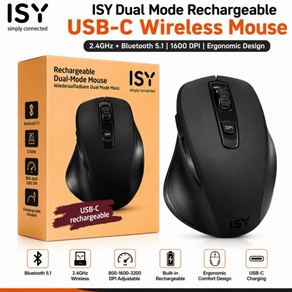 ISY Silent Click USB-C Rechargeable Dual-Mode BT + 2.4G Mouse 1 ISY Silent Click USB-C Rechargeable Dual-Mode BT + 2.4G Mouse