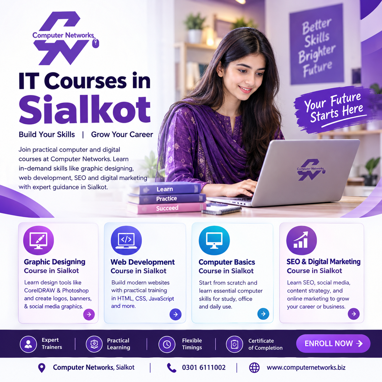 IT courses in Sialkot at Computer Networks institute offering graphic designing, web development, and digital marketing training.